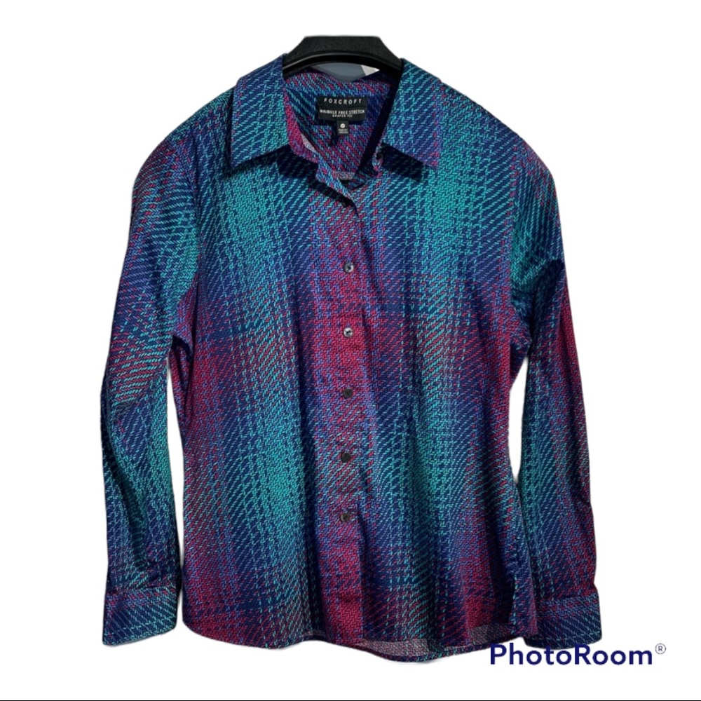 Foxcroft Wrinkle Free Stretch Shaped Fit Long Sleeve Shirt No Iron Size 12P Mult